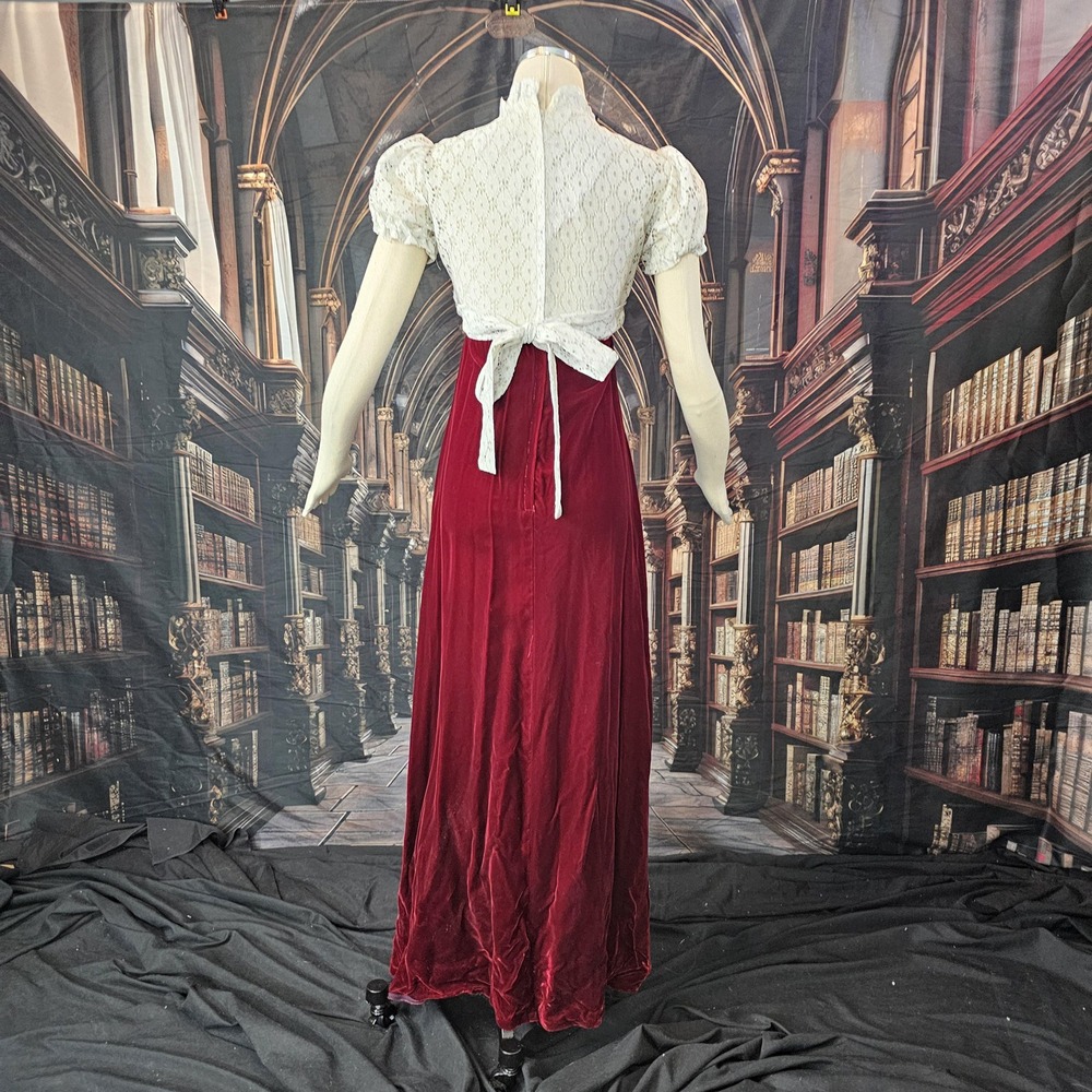 Vintage 70s Empire Waist Maxi Dress Red Velvet White Lace Regency Core Gown - Picture 7 of 10